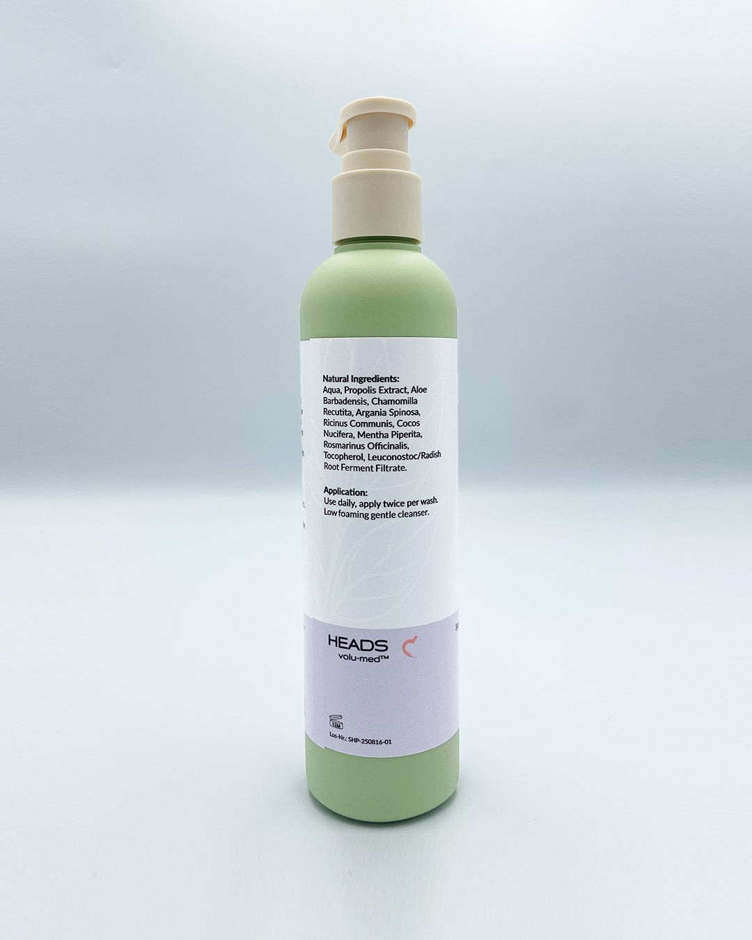Volupropol Nurturing Scalp Shampoo bottle, ingredients and application.